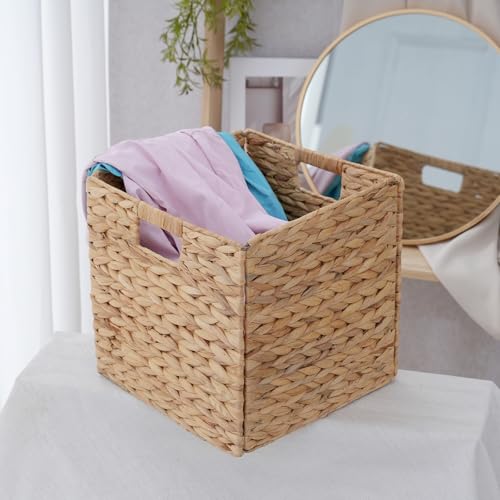 Wicker Storage Baskets, Foldable Cube Bins, 11.2 Inch, 4-Pack | 4-pack foldable 11.2" water hyacinth wicker cube baskets; collapsible storage bins for shelves, closets, offices and home. - size: 4PC, style: Foldable