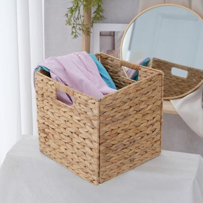 Wicker Storage Baskets, Foldable Cube Bins, 11.2 Inch, 4-Pack | 4-pack foldable 11.2" water hyacinth wicker cube baskets; collapsible storage bins for shelves, closets, offices and home. - size: 4PC, style: Foldable