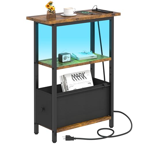 Narrow Side Table with Charging Station and LED Light, Skinny End Table for Small Spaces, Thin Sofa Side Table with 1 Fabric Drawer, Slim Nightstand for Living Room, Bedroom, Rustic Brown - color: Brown, style: Plug & LED