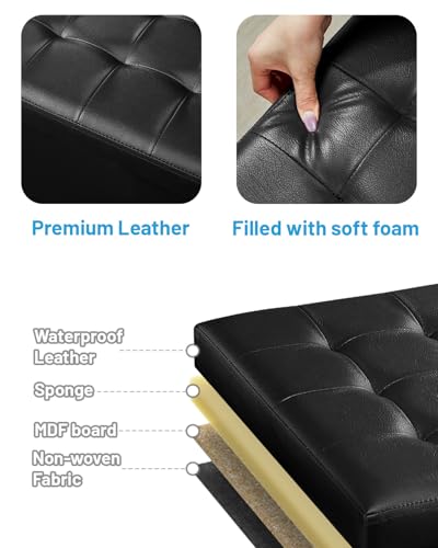Bsketa Storage Ottoman Bench,17 Inch Folding Leather Foot Rest Stool, Black | Small Ottoman with Side Pockets, Thicker Foam Padded Seat, Livingroom, Dorm, Bedroom, Easy to install, 43L,17x13x13in - color: Black-1 Pack