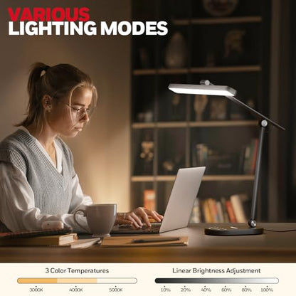 Honeywell HWT-H4 LED Desk Lamp, Eye-Caring, Dimmable, Auto Sensor | CRI97 Sunturalux LED, flicker-free eye care, 3 color temperatures, 5 brightness levels, auto dimming sensor, 60-min timer - color: Black
