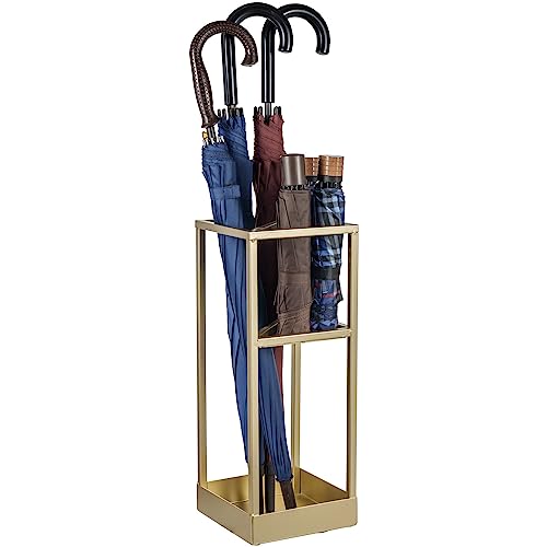 MyGift 20 Inch Brass Tone Metal Umbrella Stand with Drip Tray | Freestanding Rain Gear Storage - Long Short Umbrellas Canes Walking Sticks Entryway Lobby Office Floor Standing Drip Catcher - color: Brass, size: 7.8″(Square)