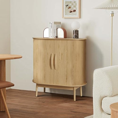 Small Sideboard Buffet Cabinet with Storage & Sliding Doors, 31" (Wood) | Adjustable Shelf, Coffee Bar Cabinet, Modern Buffet Table, for Kitchen, Dining Room, Living Room, Oval, Wooden Legs - color: Oak