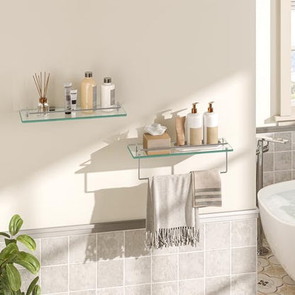 HOOBRO Glass Shelves for Bathroom, 15.7 Inch Floating Glass Shelf for Wall, Set of 2 Tempered Stainless Steel Wall Mounted Stand for Toilet, Room Decor, Silver SV02BJ01
