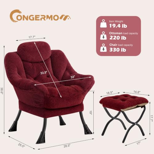 Lazy Chair with Folding Ottoman,Leisure Sofa Chair,Soft Fabric Armchair with Armrests and Side Pockets, Reading Chair with Footrest for Living Room, Bedroom, Office (Plush Red) - color: Plush Red
