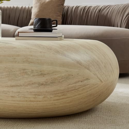 43.3" Oval Concrete Coffee Table, Travertine Style Stone Table | Modern Faux Stone Center Table, Accent Tea Table for Living Room, Drum Fiberglass Coffee Table, No Need Assembly - color: A-43.3" Mars Pattern