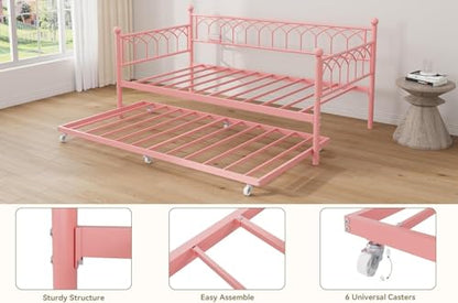 IDEALHOUSE Twin Daybed with Trundle, Day Bed with Charging Station and LED Lights, Heavy Duty Metal Bed Frame, Metal Sofa Bed Frame with Steel Slat Support for Living Room, Bedroom, Apartment, Pink | Charging Station, LED Lights, Pull-Out Trundle, Space-S