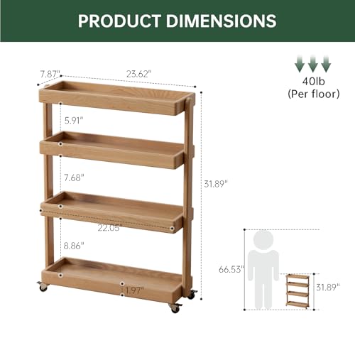 Small Narrow Side Table with Wheels, Skinny End Table for Small Spaces, 4 Tier Side Table for Living Room Bedroom(Natural, 7.87" D x 23.62" W x 31.89" H) - color: Natural, size: 7.87"D x 23.62"W