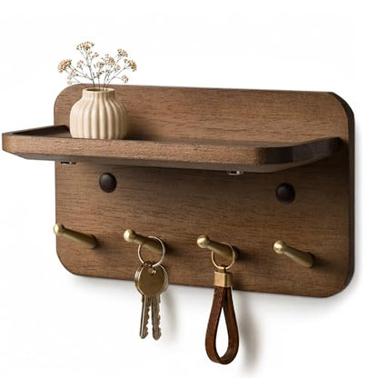 Key Holder Wall Mount, Solid Wood Key Holder for Wall with 4 Brass Hooks & Hidden Magnets, 15° Incline Hooks & Grooved Design to Prevent Slipping, Vintage Brown Key Hanger
