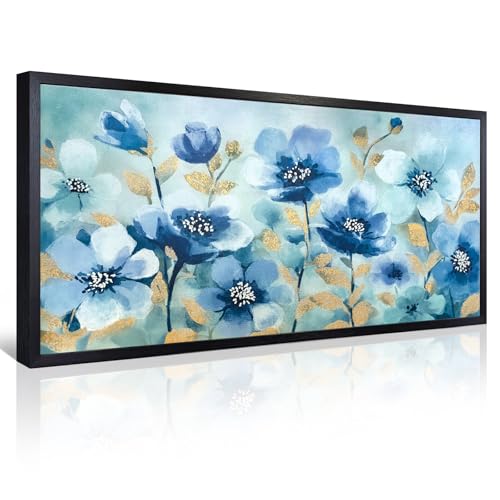 llribbons Framed Elegant Floral Wall Art Blue Teal Flowers Canvas Painting Pictures Farmhouse Decor Hand Painted 3D Gold Textured Artwork for Living Room Bedroom Bathroom Office Wall Decor 20" x 40" - color: Teal, size: 40"L x 20"W