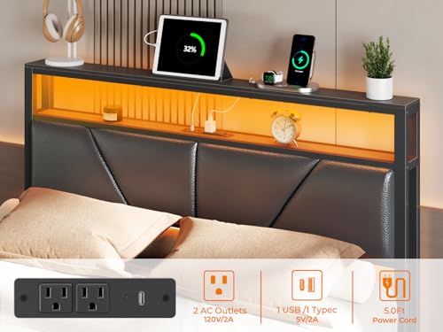 Full Size Bed Frame with Storage Headboard, 6 Drawers, LED&Charging | 2-Tier PU Leather Upholstered Headboard, Charging Station&RGB Lights, No Box Spring Needed, easy assembly, Noise-Free,Black - color: Black, size: Full