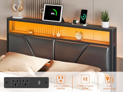 Full Size Bed Frame with Storage Headboard, 6 Drawers, LED&Charging | 2-Tier PU Leather Upholstered Headboard, Charging Station&RGB Lights, No Box Spring Needed, easy assembly, Noise-Free,Black - color: Black, size: Full