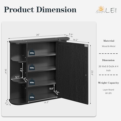 Bathroom Medicine Cabinet with Mirror, Wall Mounted Home Storage with Door, Over The Toilet Space Saver Storage Cabinet, Bathroom Cabinet Wall Mounted, Black