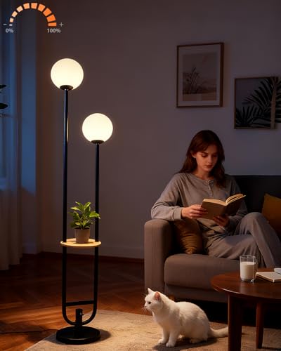 63IN 2-Globe Floor Lamp Dimmable Tall Standing Lamps with Table 3000K Warm White Unique Vintage Modern Mid Century Floor Lamp with 5Lbs Heavy Base for Living Room-Black - color: 2 Globe-Black