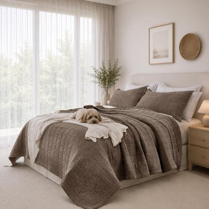 Pre-Washed Cotton Queen Size Quilt Set 90x98 Waffle Textured | Lightweight Breathable Bedspread Coverlet,All Season Bedding Set,Oversized Elegant Design，with 2 Pillow Shams Brown - color: Brown, size: Queen-90x98