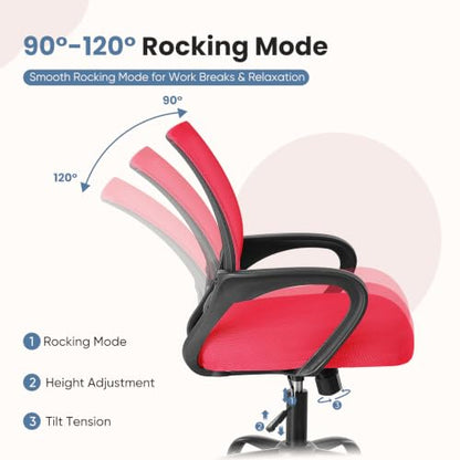 DUMOS Ergonomic Home Office Chair, Executive Mesh Desk Chair | Height Adjustable, Lumbar Support, Breathable Mid Backrest, Fixed Armrest, Rolling Wheels, Computer Gaming, Meeting, Red - color: Red