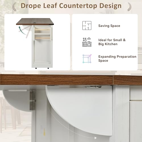 53.7" Kitchen Island with Drop Leaf & Power Outlet, Rolling Kitchen Island Cart On Wheels with 2 Sliding Barn Door, Kitchen Island Table with Storage, for Kitchen, Dining Room (White) - color: White