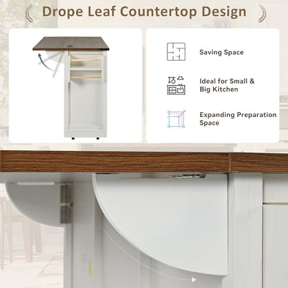 53.7" Kitchen Island with Drop Leaf & Power Outlet, Rolling Kitchen Island Cart On Wheels with 2 Sliding Barn Door, Kitchen Island Table with Storage, for Kitchen, Dining Room (White) - color: White