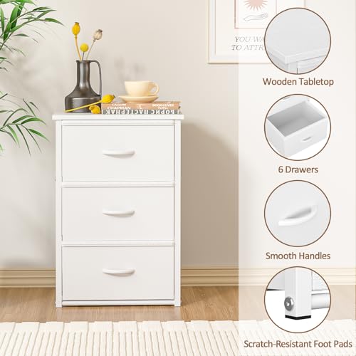 DAOUTIME 2-Pack Stackable Storage Drawers (6 Drawers Total), White Closet Organizer with Wooden Top & Metal Frame, Freestanding or Stackable Dresser for Bedroom, Living Room, Under Bed