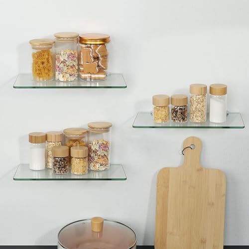 SAYAYO Glass Floating Shelves for Wall, Tempered Glass Shelves for Bathroom | Living Room, Bedroom, Office, Toilet, Kitchen Decor, 12 Inch Set of 3, Clear - color: Clear, size: 3 PCS