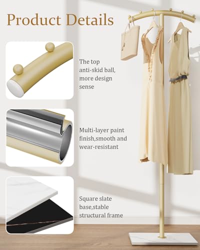 Modern Coat Racks,T-Shaped Coat Stand with Rock Base,68.9in Gold | Metal Garment Racks with Anti Slip Knot,Arcuate Clothes Display Hanger with Natural Patterned Bottom Plate for Bedroom - color: Gold
