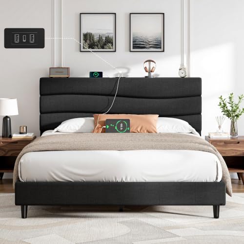 EnHomee Queen Bed Frame with Upholstered Headboard & Charging Station | Adjustable height, Wave design, 2 USB & 1 Type-C ports, Under-bed storage, Noise-free, No box spring needed, Black - color: Black, size: Queen