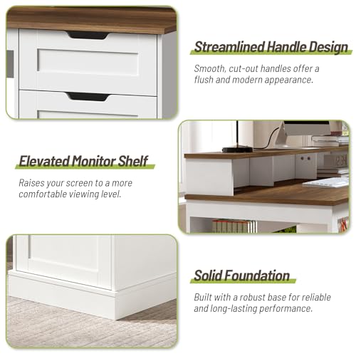 55-inch Farmhouse Executive Desk with 2 Drawers and File Cabinet, Computer Desk with 3-Tier Storage Shelves, Home Office Desk with Charging Station, Pegboard & Monitor Shelf, White and Walnut - color: White and Walnut