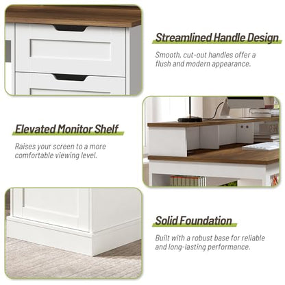 55-inch Farmhouse Executive Desk with 2 Drawers and File Cabinet, Computer Desk with 3-Tier Storage Shelves, Home Office Desk with Charging Station, Pegboard & Monitor Shelf, White and Walnut - color: White and Walnut
