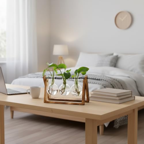 XXXFLOWER Plant Terrarium with Wooden Stand, Air Planter Bulb Glass Vase Metal Swivel Holder Retro Tabletop for Hydroponics Home Garden Office Decoration - 3 Bulb Vase | Air Planter Flower Glass Vase Retro for Hydroponics Cutting Home Garden Office Decora