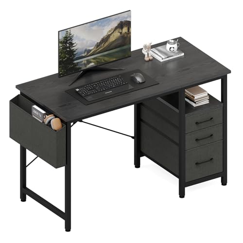 DUMOS 39 Inch Small Computer Desk with Storage, Fabric Drawers | Writing Table, Side Pocket, Space Saving Workstation, Home Office, Gaming Setup, Dorm Apartment, Black