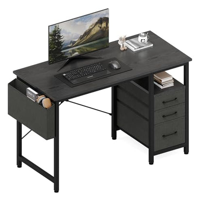DUMOS 39 Inch Small Computer Desk with Storage, Fabric Drawers | Writing Table, Side Pocket, Space Saving Workstation, Home Office, Gaming Setup, Dorm Apartment, Black