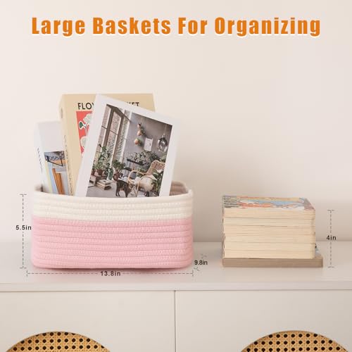 OIAHOMY 4 Pack Storage Baskets for Organizing, Small Bins for Shelves, Cute Decorative Storage Bins, Organizer Baskets for Gifts Empty, 13.8''Lx9.8''Wx5.5''H, Pink/White - color: Pink/White, size: 13.8"*9.8"*5.5"