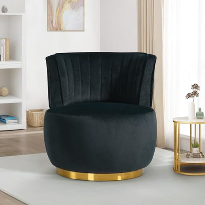 SLEERWAY 360° Swivel Barrel Chair, Modern Velvet Round Accent Chair, Comfy Upholstered Small Armchair with Gold Metal Base for Living Room Bedroom Nursery Office Sillas para Sala, Black - color: Black