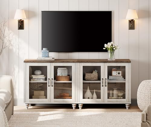WAMPAT Farmhouse TV Stand for TVs Up to 75 inch, Glass Wooden Universal TV Stand with 2 Storage Cabinets, Entertainment Center, Console Table for Living Room, Bedroom, Rustic White - color: Rustic White-a, size: 2