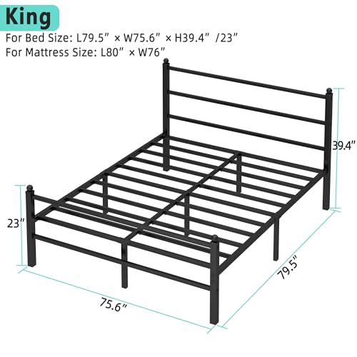 King Size Bed Frame with Headboard and Footboard, 14 Inch Metal Platform King Bed Frame with Steel Slat Support, No Box Spring Needed, Noise Free, Easy Assembly, Black - size: King