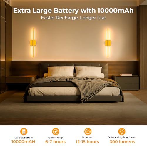Battery Operated Wall Sconce Wireless Detachable 360°Rotate Dimmable 1 Pack | Rechargeable Wall Light 3000-6500K with Remote Control 10000mAh for Bedroom Living Room 28.3" Gold - color: Gold-Square Base, size: 1 Pack