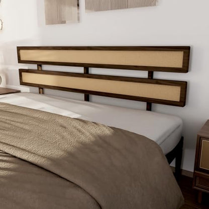 VINGLI Solid Wood Full Size Rattan Bed Frame with Headboard, Boho Platform Panel Bed,Brown - size: Full