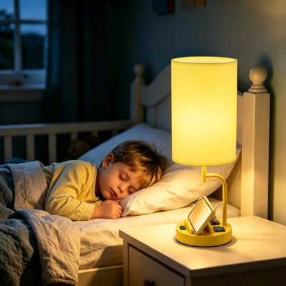 Dreamholder 2 Pack Table Lamp, Bedside Lamp with 3 USB Charging Ports & AC Outlet, USB Desk Lamp with 2 Phone Holders, Linen Fabric Shade Nightstand Lamps for Bedroom Living Room Office, Yellow - color: Yellow