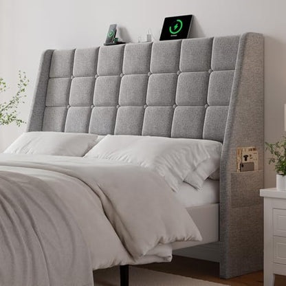Ergonomic Upholstered Headboard Queen Size w/Charging Station, Linen Wingback Headboards w/Storage Pocket, Queen Headboard Only, Bed Frame Adapters, Sturdy Stable Solid Wood Bed Head Board, Light Grey - color: Gray, size: Queen