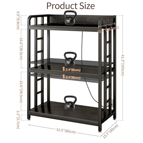 Baker's Rack with Power Outlet, 3-Tier Adjustable Microwave Cart, Black | Microwave Stand with Storage, Spice Rack，Locking Wheels, Coffee Station for Kitchen，Living Room，Coffee Bar，Office - color: Black