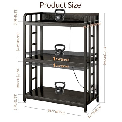 Baker's Rack with Power Outlet, 3-Tier Adjustable Microwave Cart, Black | Microwave Stand with Storage, Spice Rack，Locking Wheels, Coffee Station for Kitchen，Living Room，Coffee Bar，Office - color: Black
