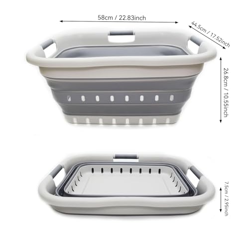 SAMMART 41L Collapsible 3 Handled Plastic Laundry Basket - Foldable Pop Up Storage Container/Organizer - Portable Basket - Space Saving Hamper/Basket (3 handled rectangular, Grey/Dark Grey) - color: Grey/Dark Grey