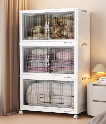 BROVIEW 240Qt Stackable Storage Bins with Lid for Home Dorm, 3Pack White | Closet Organizers, Foldable & Collapsible Cabinets, Large Containers, Wheels & Magnetic Doors, Plastic Drawers for School - color: White, size: 80QT-3Pack