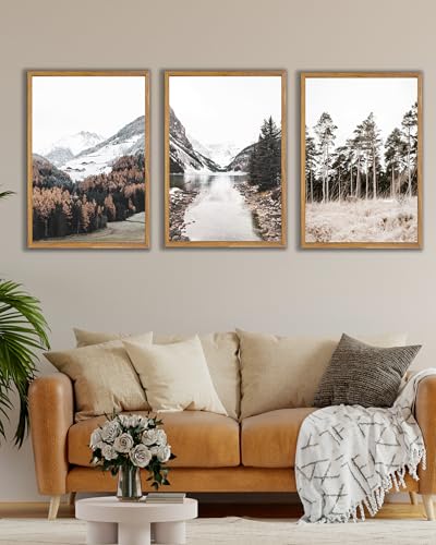 UPWOIGH Mountain Landscape Framed Wall Art, 16 x 24 Inch, Set of 3 | Mountain, Lake and Pine Tree Photography Prints, Soft Neutral Tones, Light Wood Frames for Bedroom, Office and Living Room - color: Grey Mountain, size: 24"L x 16"W
