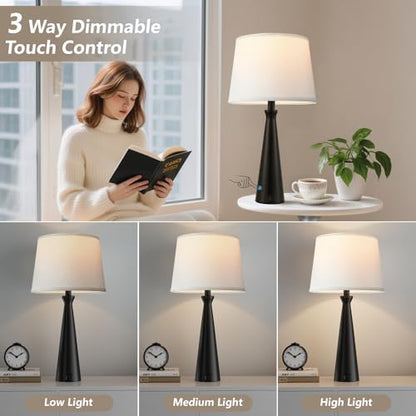Modern Touch Lamps for Nightstand, 3 Way Dimmable Bedroom Lamp Set of 2 | USB C+A Charging Ports, Black Bedside Lamps for Bedroom, Living Room, End Table, Bed Side, LED Bulb Included - color: A. Black Base-White Shade