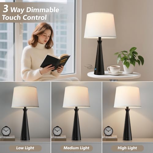 Modern Touch Lamps for Nightstand, 3 Way Dimmable Bedroom Lamp Set of 2 | USB C+A Charging Ports, Black Bedside Lamps for Bedroom, Living Room, End Table, Bed Side, LED Bulb Included - color: A. Black Base-White Shade