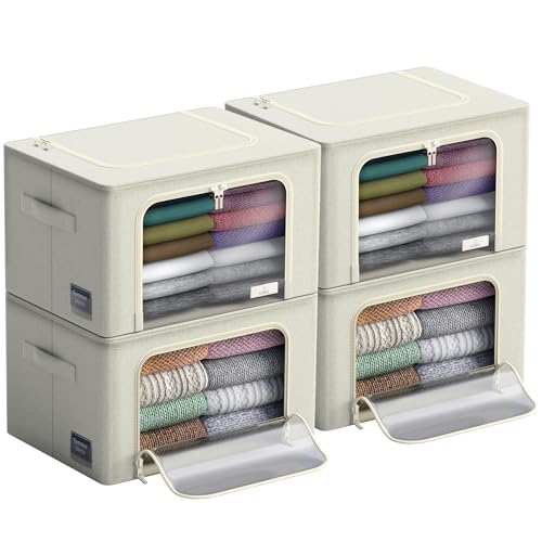 Sorbus Storage Bins with Metal Frame - Stackable & Foldable Clothes Organizer Bags - Oxford Fabric Storage Containers with Large Clear Window & Carry Handles Organization for Bedding Linen & Clothing - color: Beige, size: 4 Pack