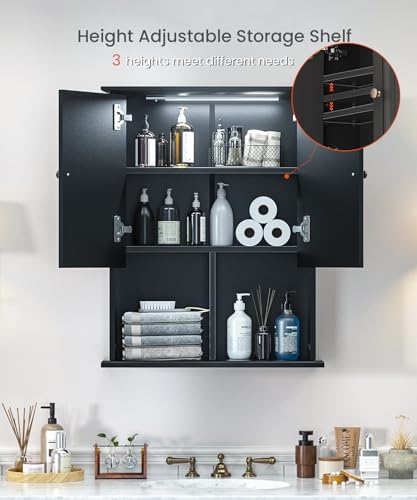 HAIOOU Bathroom Wall Cabinet with Motion Sensor Light, 23.6 Inch - Black | Wooden Wall Mounted Medicine Cabinet with Adjustable Shelf, Soft Close Hinges for Over the Toilet Bathroom Storage - color: Black