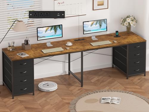 95" 2 Person Desk with 8 Fabric Drawers for Home Office, Living Room | Long Computer Desk Office Desks with Storage, Two Person Double Desks with Power Outlets, Rustic Brown - color: Rustic Brown, size: 18.9"D x 94.5"W x 29.3"H