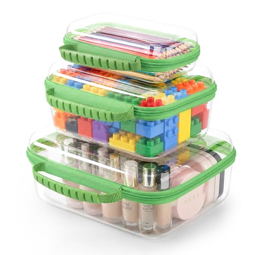 3 Pack Hard Shell Zipper Cases Clear Deep Bottom PET Plastic Waterproof | Storage Pouches Travel Organizer Bags for Makeup Toys Art Supplies Home Organization - color: green